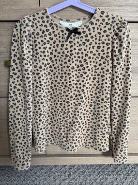 H&M Tan Leopard-Print Ribbed Long Sleeve Top with Black Bow